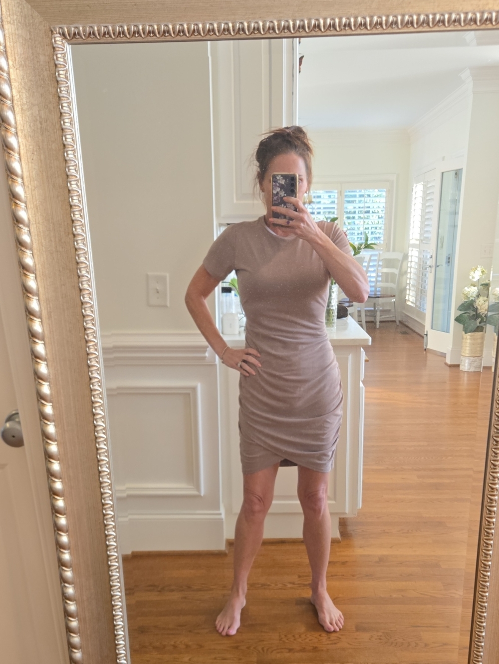 Ecpress Taupe Short Sleeve Ruched Bodycon Dress -